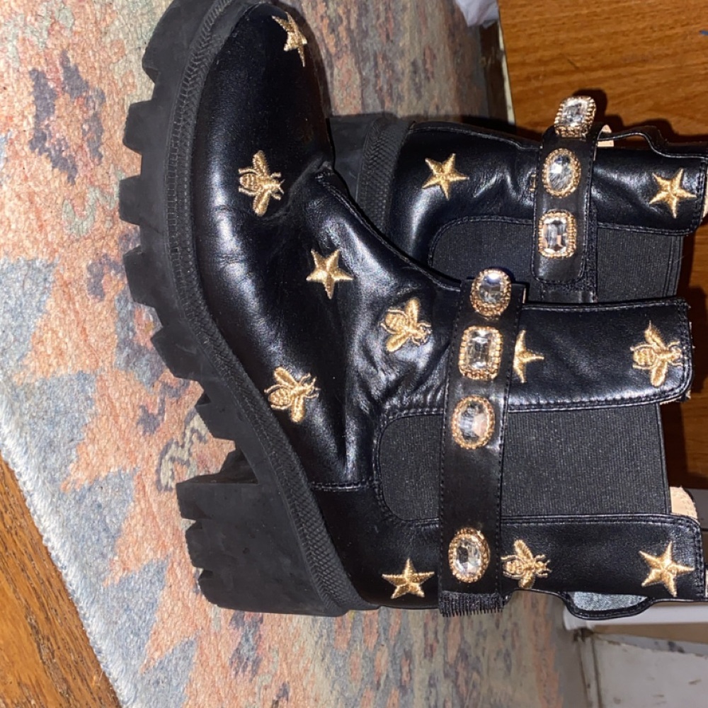 Black and Gold Star Embellished Boots - Picture 3 of 5